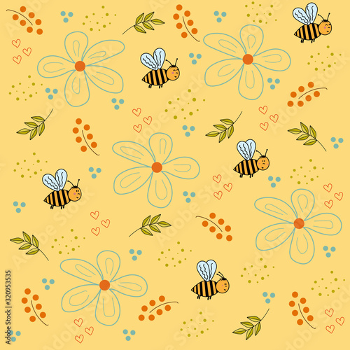 Seamless pattern of a bee in a meadow, berry flowers and other decorative elements, yellow background, vector illustration photo