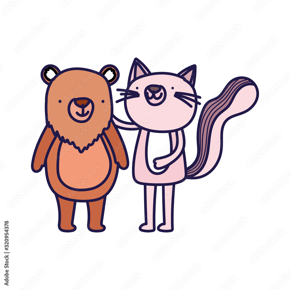little pink cat and bear cartoon character on white background little pink cat and bear cartoon character on white background