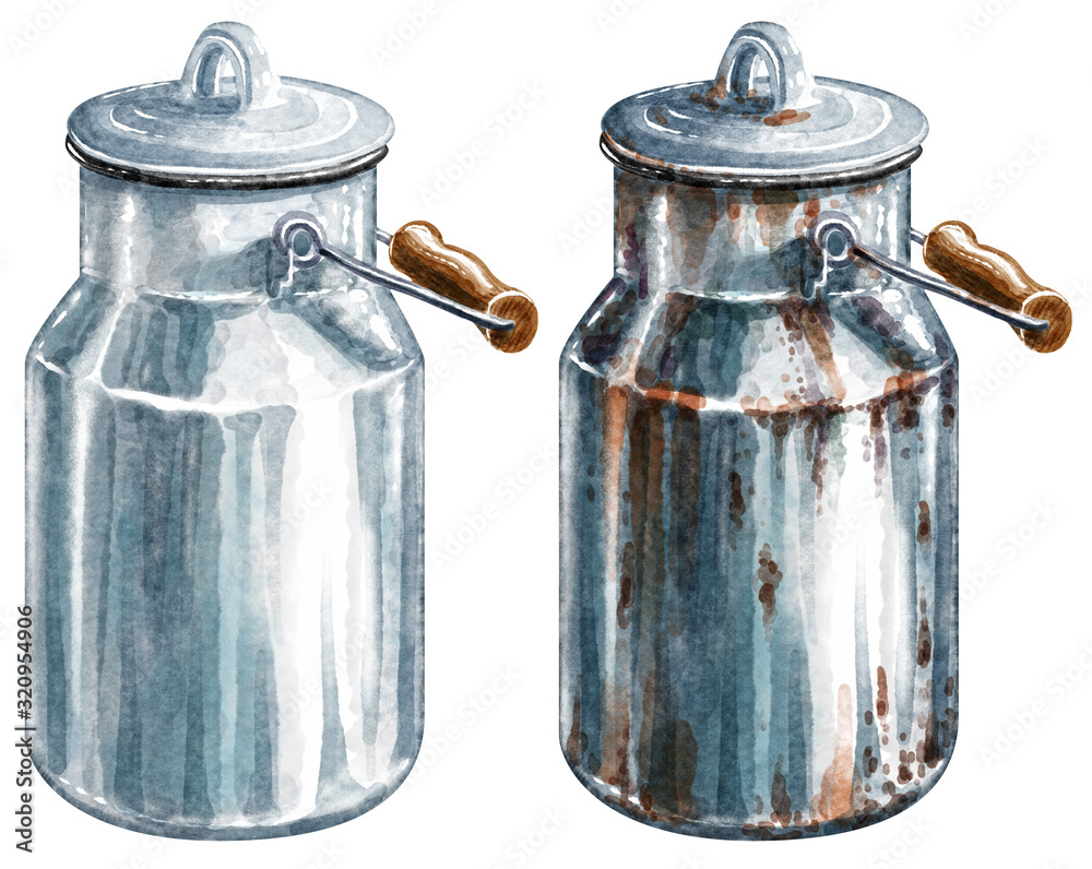 Milk can watercolor illustration, isolated on white Milk can watercolor illustration, isolated on white