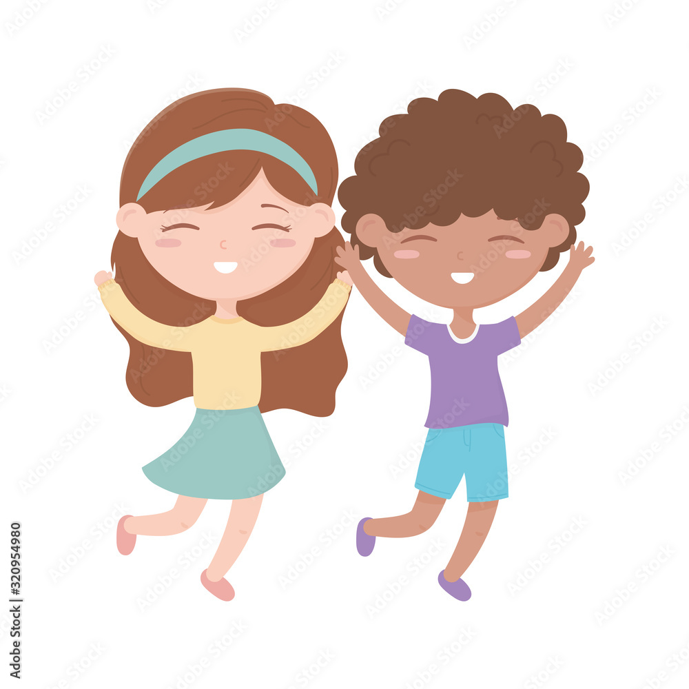 happy childrens day, little boy and girl celebration excited cartoon