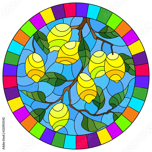 Illustration in stained glass style with lemon branches, leaves and fruits, round image in bright frame
