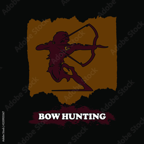 T-Shirt Or Poster Design With Illustration Of Bow Hunting. Hunting T-Shirt. Bow Hunting. Vintage Typography Emblem With Bow, With Grunge Texture. photo