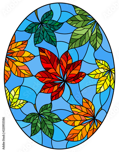Illustration in stained glass style with colorful leaves of chestnut trees on a blue  background, oval image