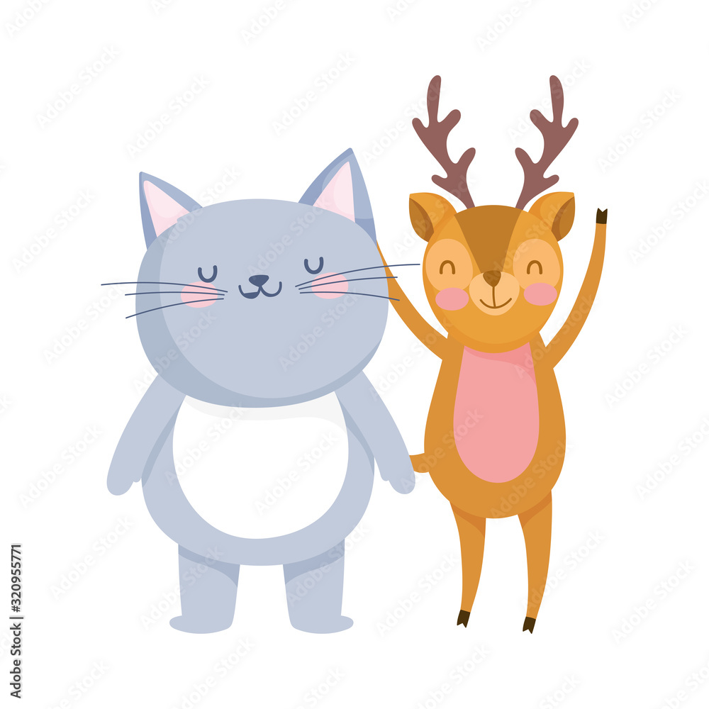Fototapeta premium little cat and deer cartoon character on white background