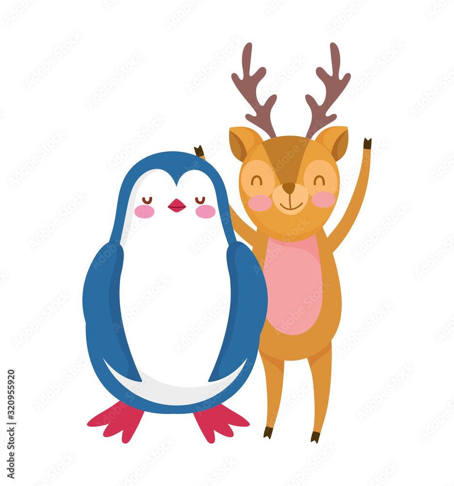 cute deer and penguin cartoon on white background