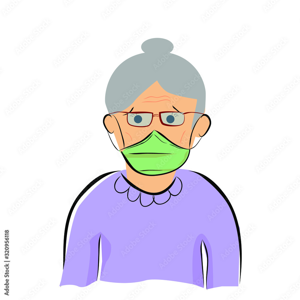 Simple Vector, Hand Draw Sketch, Sick Old Woman using Mask, Isolated on White