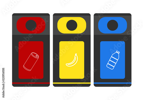 Garbage cans vector flat illustrations. Sorting garbage. Ecology and recycle concept. Colorful recycle trash bins isolated on white background.