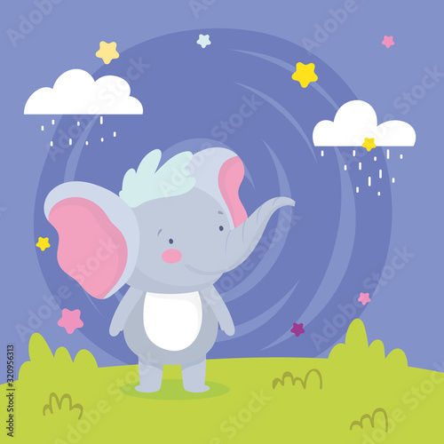 cute little elephant rain clouds stars cartoon