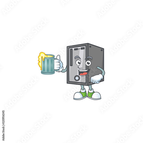 Smiley CPU mascot design holding a glass of beer