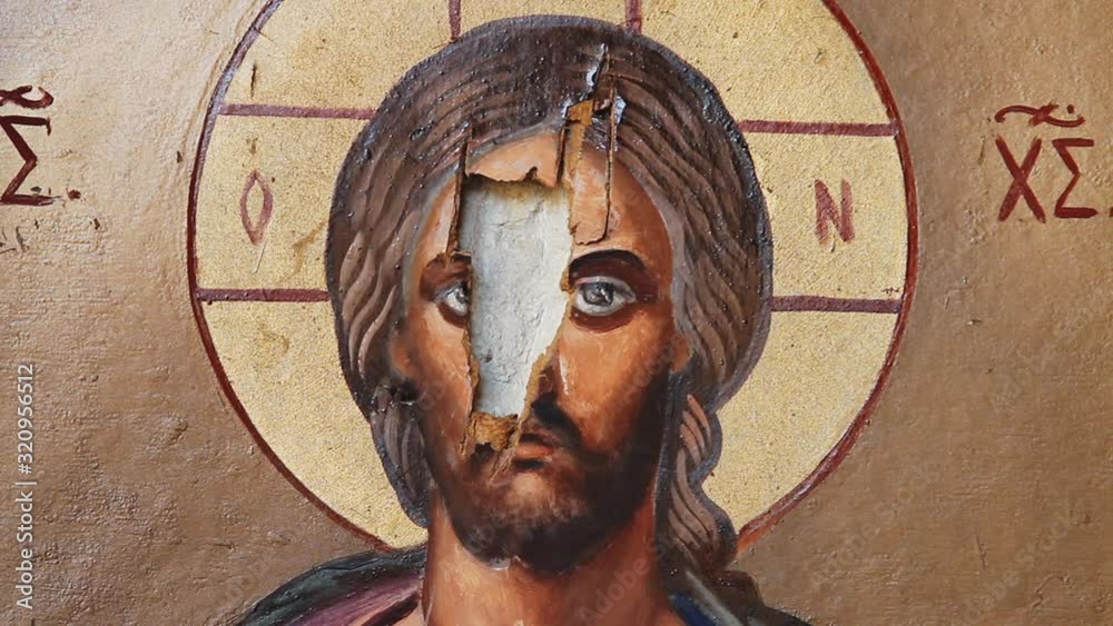 Devastated fresco of Jesus Christ in  church in Syria