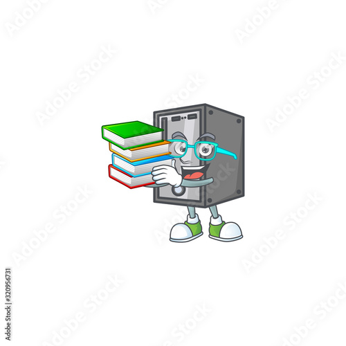 A brainy clever cartoon character of CPU studying with some books