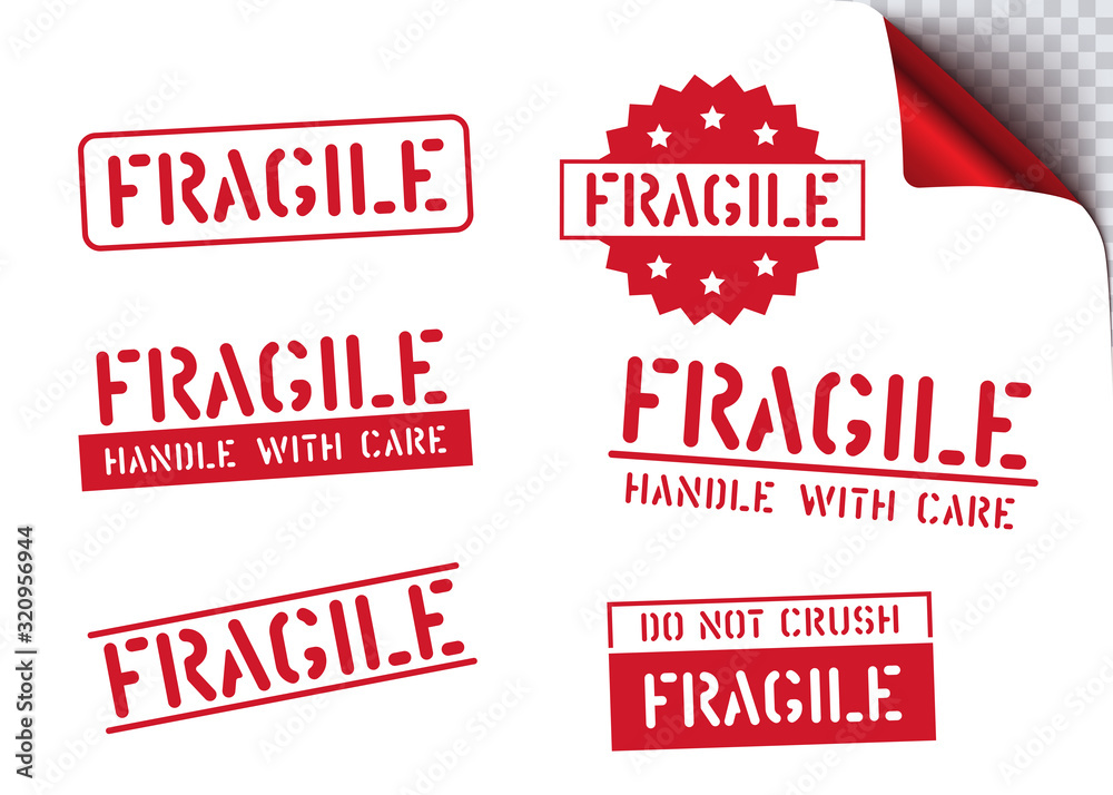 Logistics clean rubber stamp set for cargo and logistics. Fragile, this way  up, handle with care retro sticker box sign. Vector illustration with arrow  and glass. Stock Vector | Adobe Stock