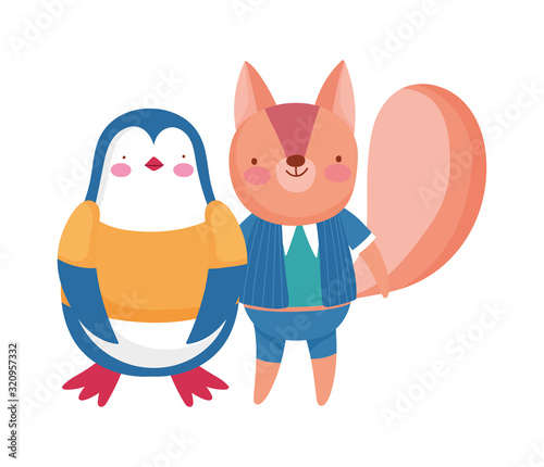 cute penguin and squirrel with clothes cartoon on white background