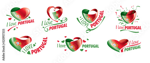 National flag of the Portugal in the shape of a heart and the inscription I love Portugal. Vector illustration