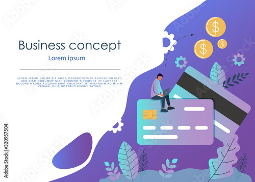 Mobile banking concept illustration of people sitting on credit cards and using mobile smart phone for online banking and accounting. Flat men and women with credit cards