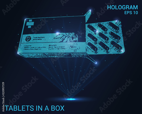 Hologram of a pill in a box. Holographic projection of the drug in the box. Flickering energy flux of particles. The scientific design of the tablet.