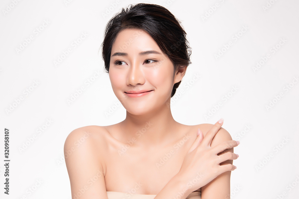 Portrait beautiful young asian woman clean fresh bare skin concept. Asian girl beauty face skincare and health wellness, Facial treatment, Perfect skin, Natural makeup, on white background,two Portrait beautiful young asian woman clean fresh bare skin concept. Asian girl beauty face skincare and health wellness, Facial treatment, Perfect skin, Natural makeup, on white background,two