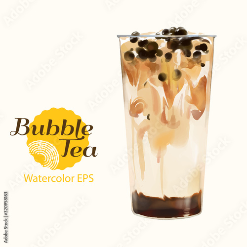 Watercolor bubble milk tea with caramel, Hand drawn isolated summer drink Tapioca pearl milk tea on white background. 