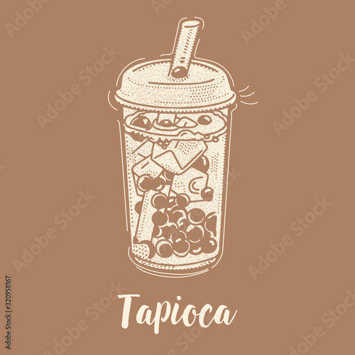 Hand drawn EPS illustration, Tapioca pearl drinks with flat and line style.