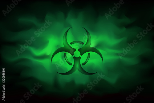 Biohazard sign on a background of infected green fog. Dangerous haze poisoned. Spreading smoke attack biological weapons. Vector illustration