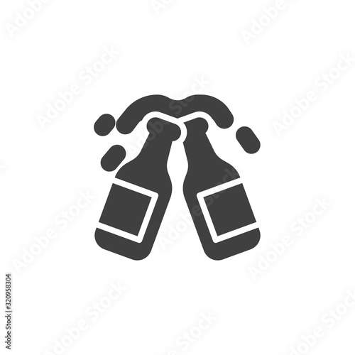 Toasting beer bottles vector icon. filled flat sign for mobile concept and web design. Two beer bottles cheers glyph icon. Symbol, logo illustration. Vector graphics