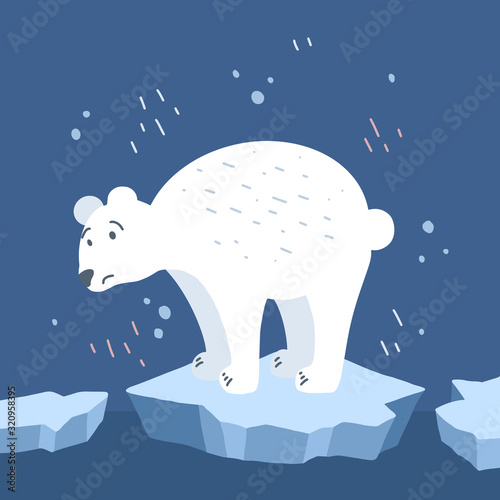 Global warming. Cartoon doodle illustration of a sad bear on melted ice with snow decoration. World problem. The threat of extinction of rare animals.