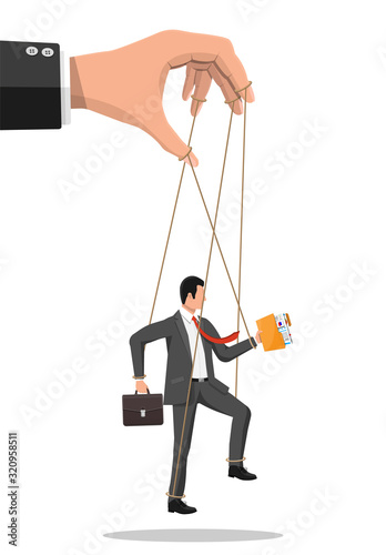 Businessman marionette is hanging on ropes. Hand of puppeteer holding business man on leash. Puppet doll worker, abuse of power, manipulation. Vector illustration in flat style