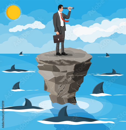 Businessman with spyglass on tiny island in sea and surrounded by sharks. Obstacle on work, financial crisis. Risk management. Success, achievement, vision career goal. Flat vector illustration