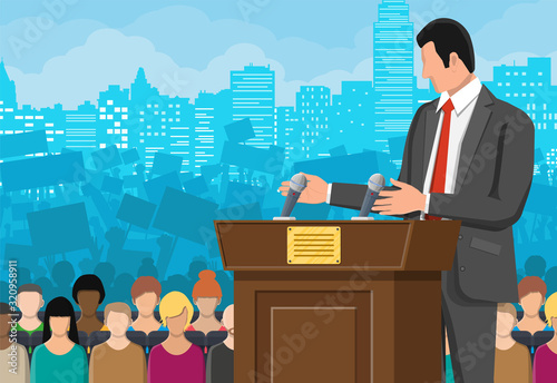 Orator speaking from tribune. Public speaker. Wooden rostrum with microphones for presentation. Stand, podium for conferences, lectures debates. Crowd, demonstrators, protest. Flat vector illustration