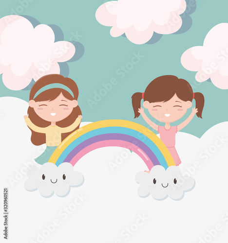 happy childrens day, little girls rainbow clouds celebration cartoon