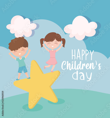 happy childrens day, little boy and girl playing in star cartoon