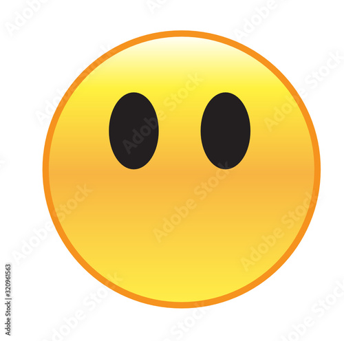 Speechless emoticon. Yellows mute emoji without mouth and with black eyes wide open. Sign of being mute, speechless, tongue tied, voiceless, silent or wordless.