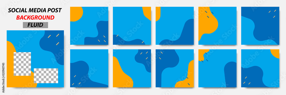 Set collection of square banner layout template background in blue, orange color and memphis dot pattern