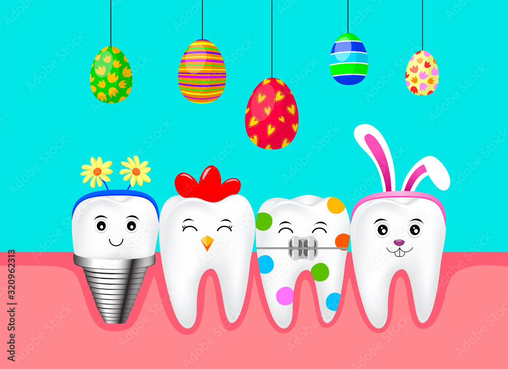 Set of Easter tooth character design with Easter eggs. Funny dental