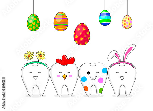 Set of Easter tooth character design with Easter eggs. Funny dental cartoon. Happy Easter holiday concept. Vector Illustration isolated on white background.
