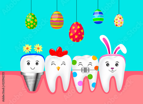 Set of Easter tooth character design with Easter eggs. Funny dental cartoon. Happy Easter holiday concept. Illustration.