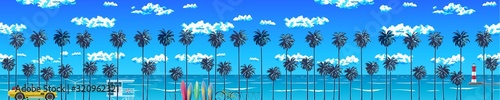 Beautiful beach with beautiful palm trees, turquoise ocean water and blue sky with clouds on a sunny day. A natural backdrop for a summer vacation. Surfing beach. EPS 10 vector illustration
