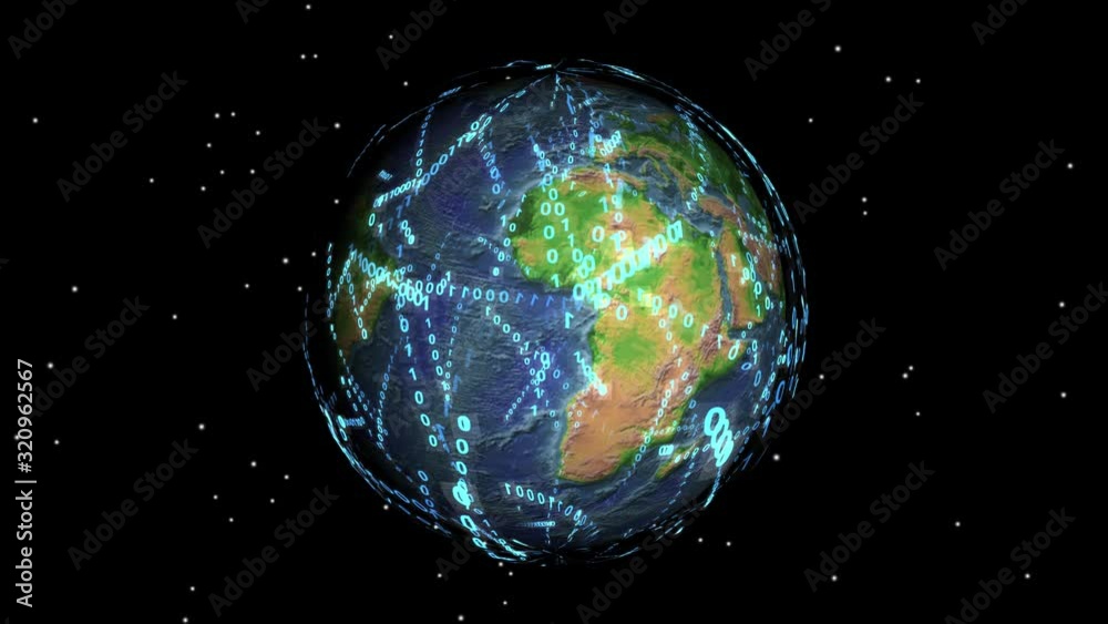 Planet earth in outer space enmeshed in digital information. The concept of the digital world. The global exchange of information. The world wide web. Messaging.