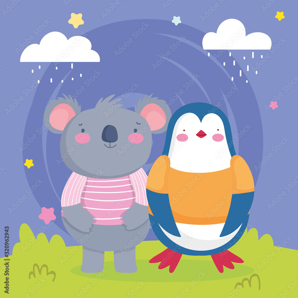 Naklejka premium cute koala and penguin in the grass