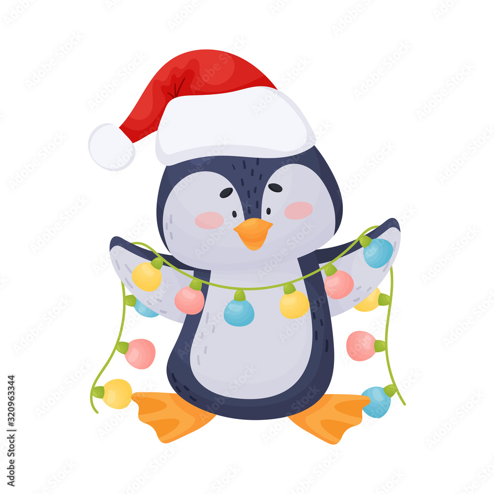 Cute Cartoon Penguin Holding Fairy Lights Preparing for the New Year Holiday Vector Illustration