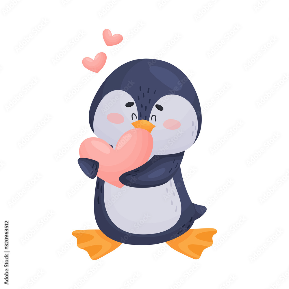 Naklejka premium Penguin Character Holding Heart Shape in Its Wings Vector Illustration