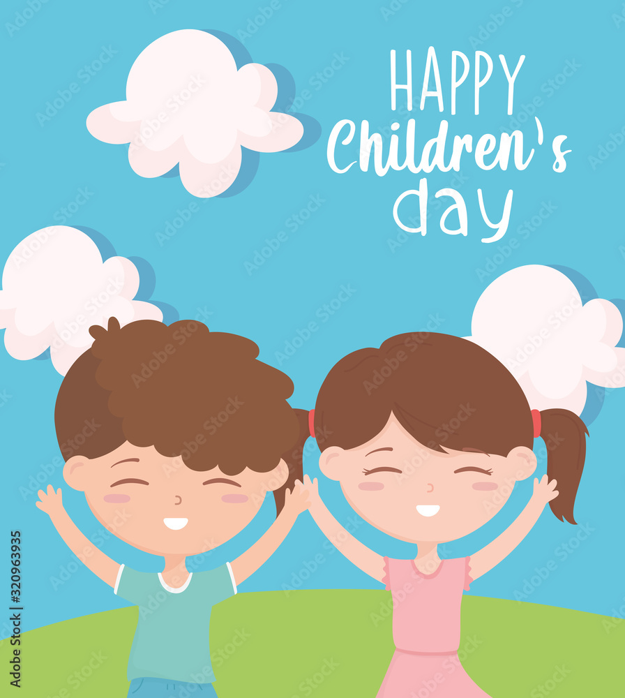 happy childrens day, smiling boy and girl celebrating outdoors happy childrens day, smiling boy and girl celebrating outdoors