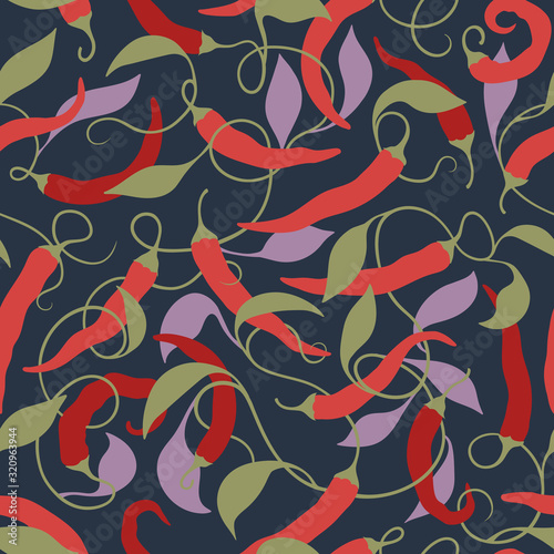 Hot chili pepper with branches and leaves on a dark background. Seamless pattern. Vector illustration.