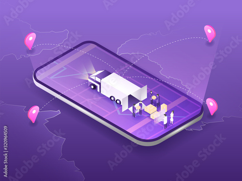 People packaging and sorting the boxes to the truck and using online map in modern landing page for courier website. 3D isometric vector illustration