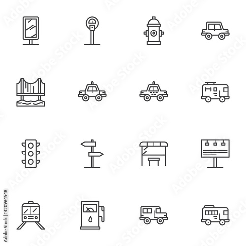 City transportation line icons set. linear style symbols collection outline signs pack. vector graphics. Set includes icons as parking meter, taxi car, train, bus, traffic light, gas station, signpost
