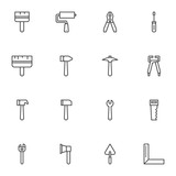 Repair and construction tool line icons set. linear style symbols collection, working tools outline signs pack. vector graphics. Set includes icons as pliers, paint brush, mallet, wrench, screwdriver