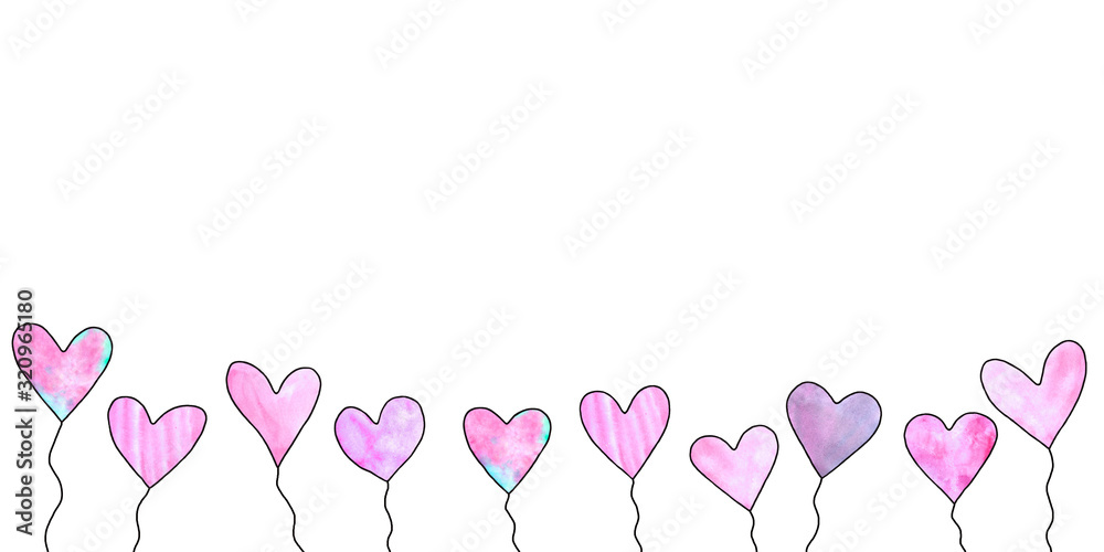 Long horizontal banner with balloons hearts. Simple, summer, spring background for birthday, Valentines day, congratulations, declarations of love, web