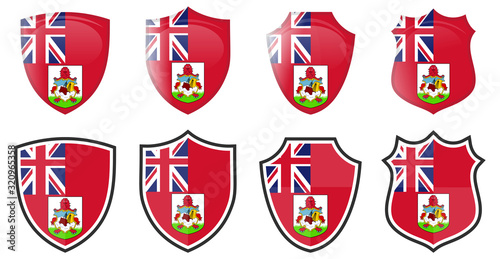 Vertical Bermuda flag in shield shape, four 3d and simple versions. Bermudian icon / sign