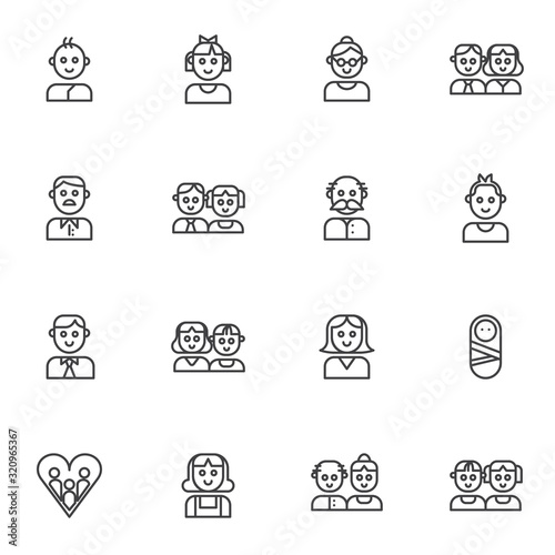 Family members line icons set. linear style symbols collection, outline signs pack. vector graphics. Set includes icons as parents, dad mom baby son, daughter, grandmother and grandpa together, girl