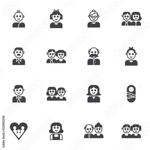 Family members vector icons set  modern solid symbol collection  filled style pictogram pack. Signs  logo illustration. Set includes icons as parents  dad mom baby son  daughter  grandmother grandpa